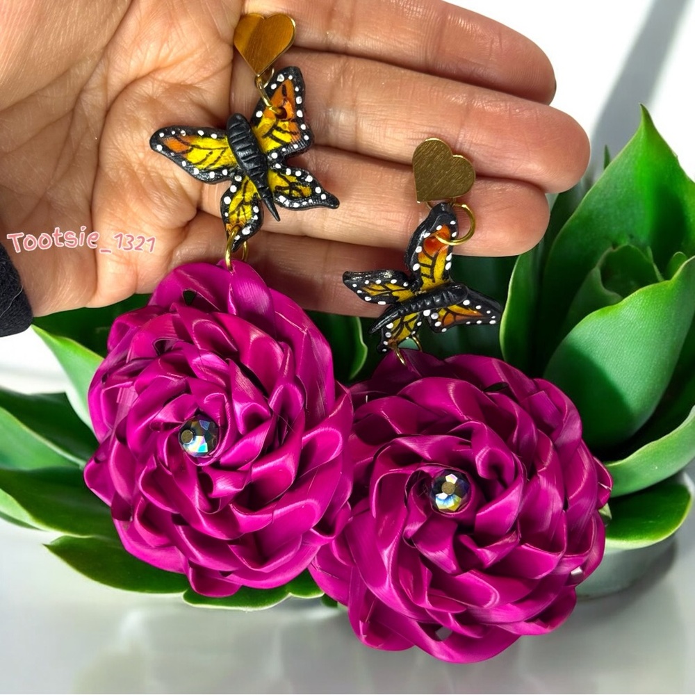 Vibrant Pink Floral Earrings with Butterfly Accents